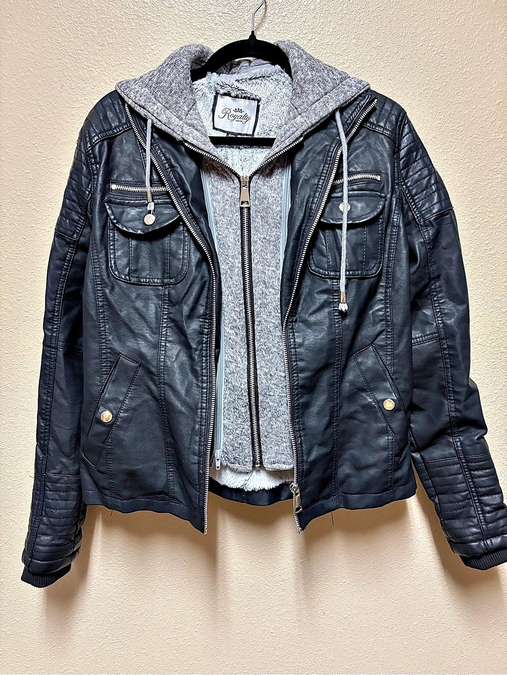 Royalty For Me Black Gray Hooded Moto Jacket Size Medium
